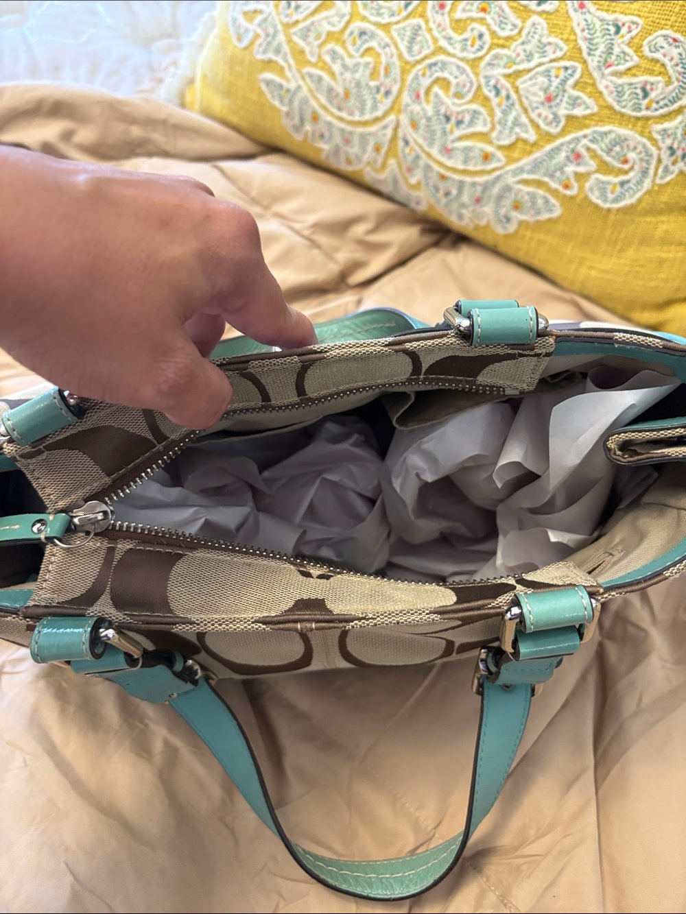 Coach Brown Signature Satchel with Teal Trim - Picture 6 of 7